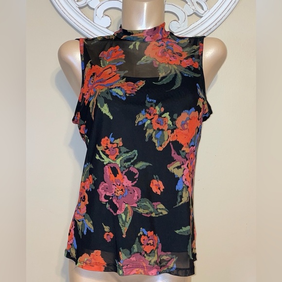 Vince Camuto womens blouse large 12 14 top mock Black Red Floral Sheer mesh cami - Picture 1 of 9